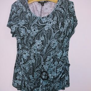 Aqua & Black Short Sleeve Top with Slip Tie Closure